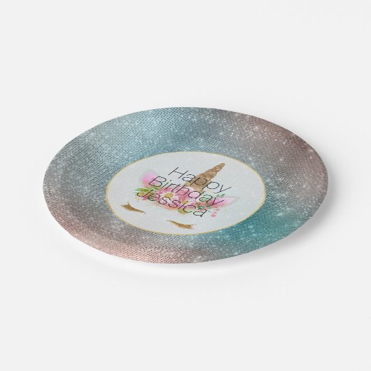 Gouden Roze Bloemen Eenhoorn Verjaardag Papieren Bordje (Gekanteld)