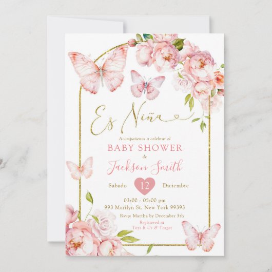 Gouden Roze Bloemen Es Nina Vlinder Baby shower Kaart (Voorkant)