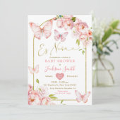 Gouden Roze Bloemen Es Nina Vlinder Baby shower Kaart (Staand voorkant)