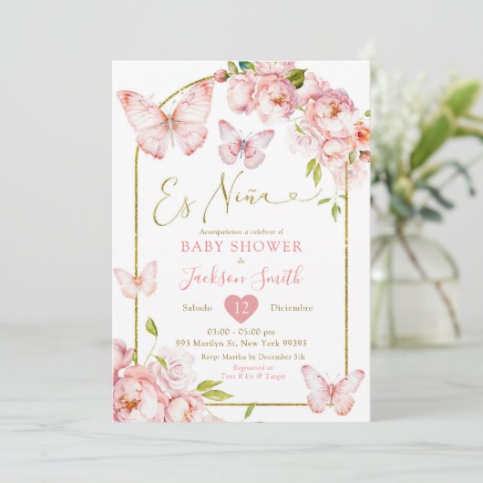 Gouden Roze Bloemen Es Nina Vlinder Baby shower Kaart (Staand voorkant)