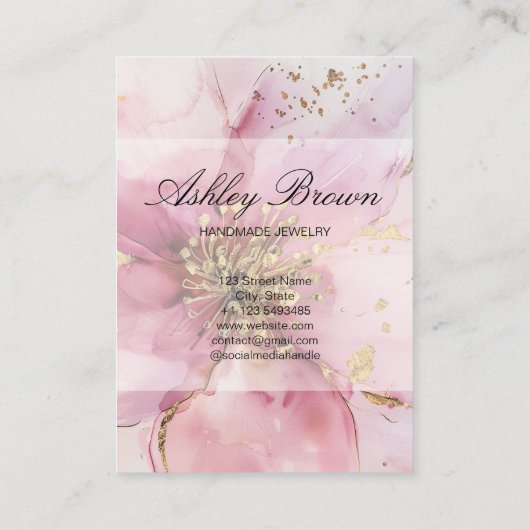 Gouden Roze Bloemen Handgemaakte Sieraden Oorbel D Visitekaartje (Achterkant)