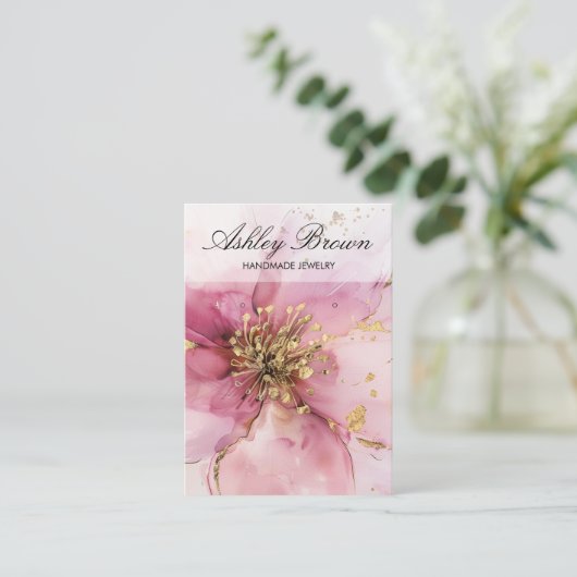 Gouden Roze Bloemen Handgemaakte Sieraden Oorbel D Visitekaartje (Staand voorkant)