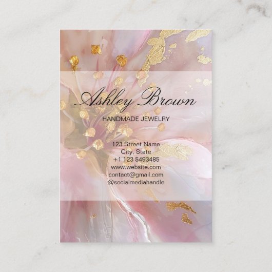 Gouden Roze Bloemen Handgemaakte Sieraden Oorbel D Visitekaartje (Achterkant)