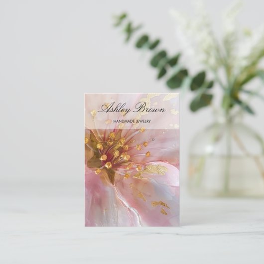 Gouden Roze Bloemen Handgemaakte Sieraden Oorbel D Visitekaartje (Staand voorkant)