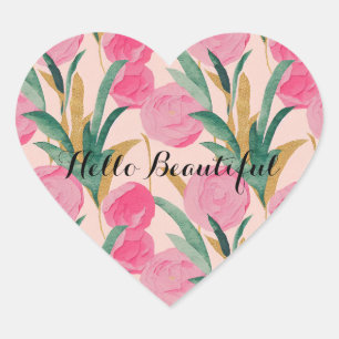 Gouden roze bloemen hart sticker