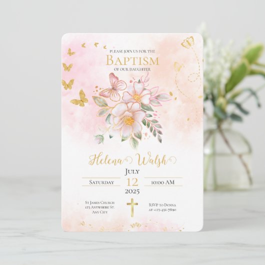 Gouden Roze Bloemen Vlinder Doop Doop Kaart (Staand voorkant)