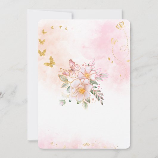 Gouden Roze Bloemen Vlinder Doop Doop Kaart (Achterkant)