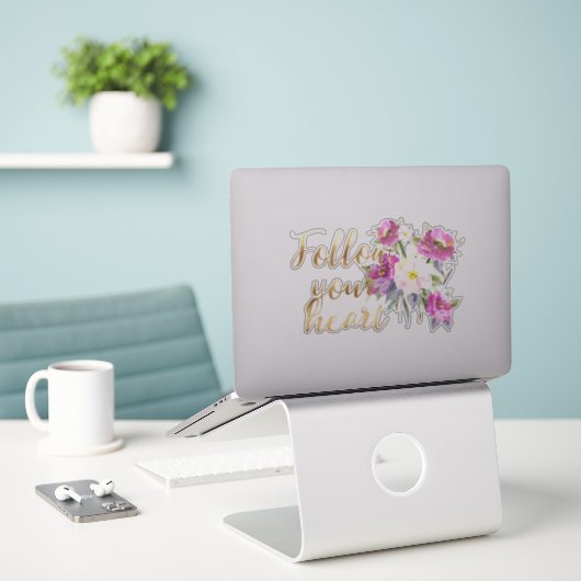 Gouden Roze Bloemen Volg Je Hart Waterverf Sticker (Laptop op bureau)