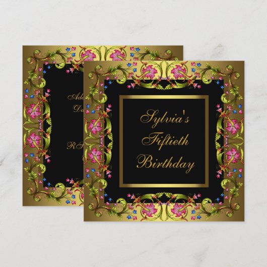 Gouden Roze Bloemen Vrouwen 50ste Verjaardagsfeest Kaart (Voorkant / Achterkant)