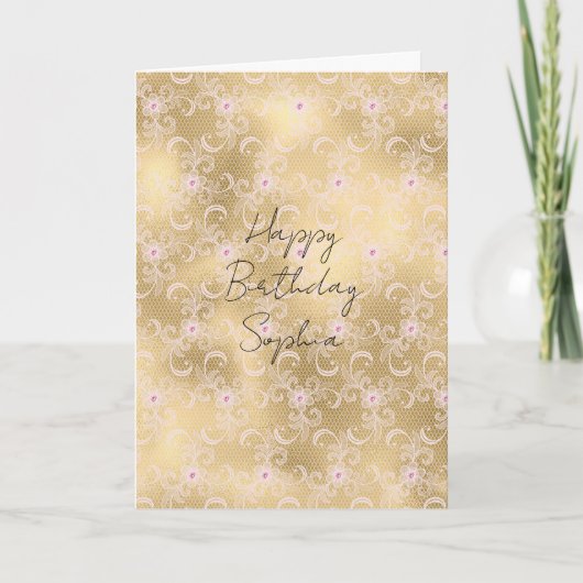 Gouden Roze Bloemenkant Kaart (Voorkant)