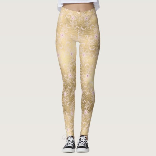Gouden roze bloemenkant leggings (Voorkant)
