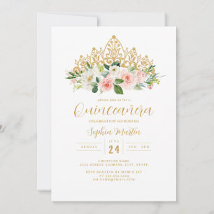 Gouden Roze Bloemenkroon Quinceanera Kaart