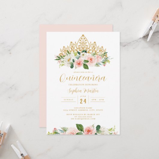 Gouden Roze Bloemenkroon Quinceanera  Kaart (Voorkant / Achterkant in situ)