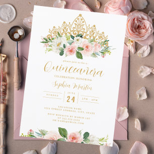 Gouden Roze Bloemenkroon Quinceanera Kaart