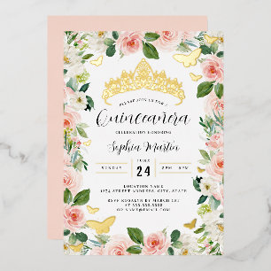 Gouden Roze Bloemenkroon Vlinder Quinceanera  Folie Uitnodiging
