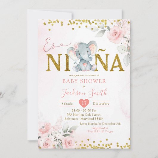 Gouden Roze Bloemenolifant Es ña Baby shower Kaart