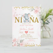 Gouden Roze Bloemenolifant Es ña Baby shower Kaart (Staand voorkant)