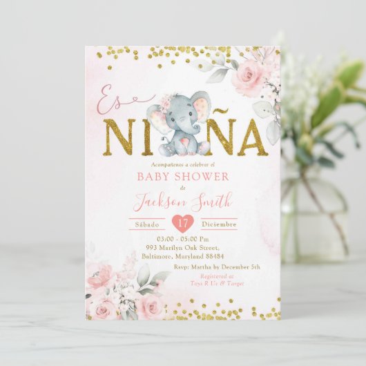 Gouden Roze Bloemenolifant Es ña Baby shower Kaart (Staand voorkant)