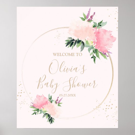 Gouden roze bloemig Baby shower Welkom Poster (Voorkant)