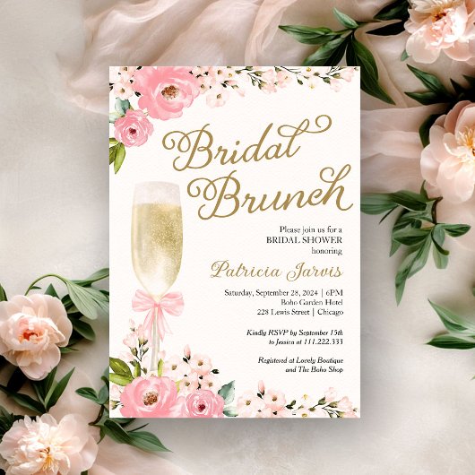 Gouden Roze Bloemige Bruiloft Brunch Bruidsfeest Kaart