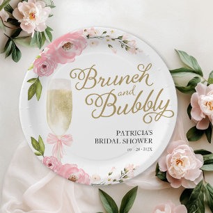 Gouden Roze Bloemige Brunch En Mousserende Bruidsd Papieren Bordje