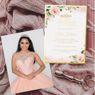 Gouden Roze Bloemige Foto Quinceanera Verjaardag Folie Uitnodiging