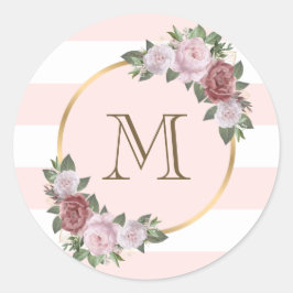 Gouden Roze Blush Bloemen Monogram Initiaal Ronde Sticker