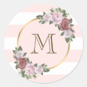 Gouden Roze Blush Bloemen Monogram Initiaal Ronde Sticker (Voorkant)