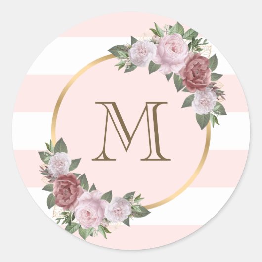 Gouden Roze Blush Bloemen Monogram Initiaal Ronde Sticker (Voorkant)