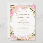 Gouden Roze Blush Bloemen Waterverf Quinceanera Kaart (Voorkant)
