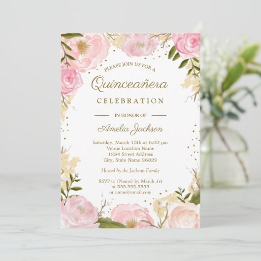 Gouden Roze Blush Bloemen Waterverf Quinceanera Kaart (Staand voorkant)