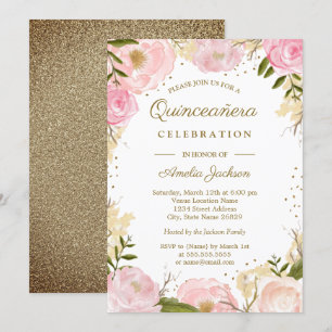 Gouden Roze Blush Bloemige Waterverf Quinceanera Kaart