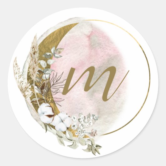 Gouden Roze Blush Monogram Waterverf Celestial Ronde Sticker (Voorkant)
