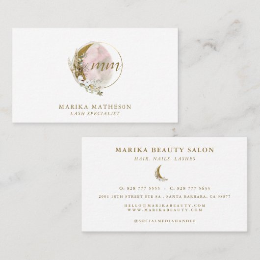 Gouden Roze Blush Monogram Waterverf Celestial Visitekaartje (Voorkant / Achterkant)