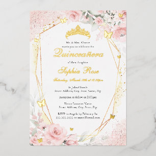 Gouden Roze Blush Vlinder Bloemige Quinceanera Folie Uitnodiging