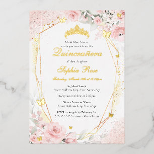 Gouden Roze Blush Vlinder Bloemige Quinceanera Folie Uitnodiging