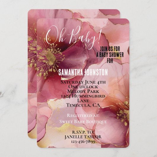 Gouden Roze Bourgondië Bloem Baby Shower Kaart (Voorkant / Achterkant)