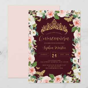 Gouden Roze Bourgondië Bloemenkroon Quinceanera Kaart