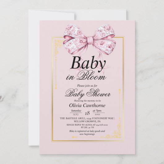 Gouden Roze Bow Waterverf Bloemen Baby shower Kaart (Voorkant)