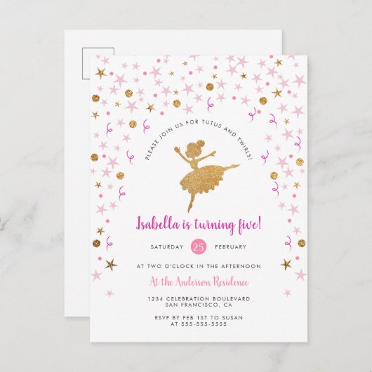 Gouden & Roze Confetti Ballerina Verjaardagsuitnod Uitnodiging Briefkaart (Voorkant / Achterkant)