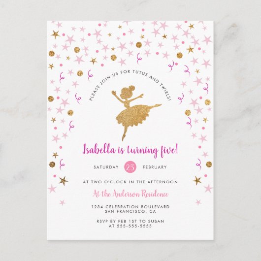 Gouden & Roze Confetti Ballerina Verjaardagsuitnod Uitnodiging Briefkaart (Voorkant)
