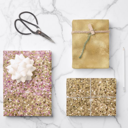 Gouden Roze Confetti Glitter Inpakpapier Vel (Voorkant)