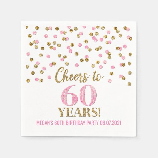 Gouden Roze Confetti Proost op 60 Jaar Verjaardag Servet (Voorkant)