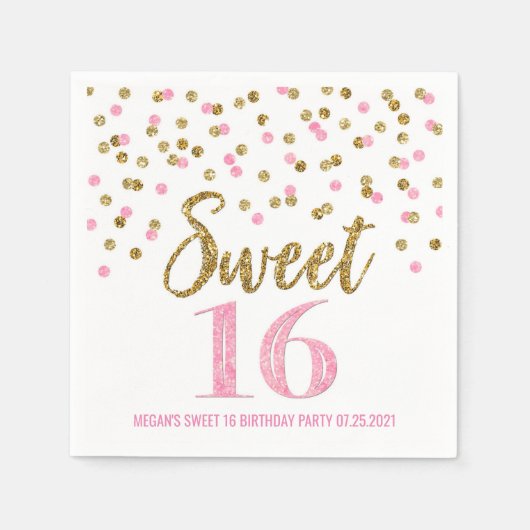 Gouden Roze Confetti Sweet 16 Verjaardag Servet (Voorkant)