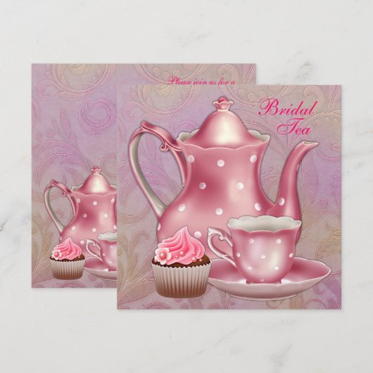 Gouden Roze Damask Bruids Tea Party Kaart (Voorkant / Achterkant)