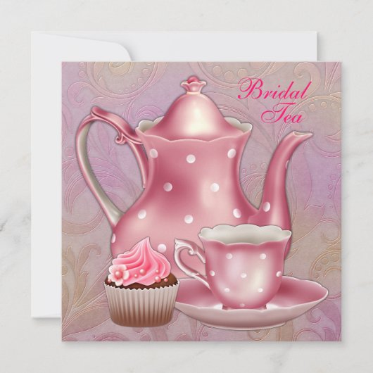 Gouden Roze Damask Bruids Tea Party Kaart (Voorkant)