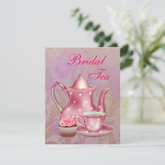Gouden Roze Damask Bruids Tea Party Kaart (Staand voorkant)