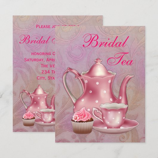 Gouden Roze Damask Bruids Tea Party Kaart (Voorkant / Achterkant)