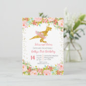 Gouden Roze Dinosaurus Eerste Verjaardag uitnodigi Kaart (Staand voorkant)