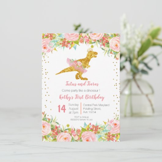 Gouden Roze Dinosaurus Eerste Verjaardag uitnodigi Kaart (Staand voorkant)